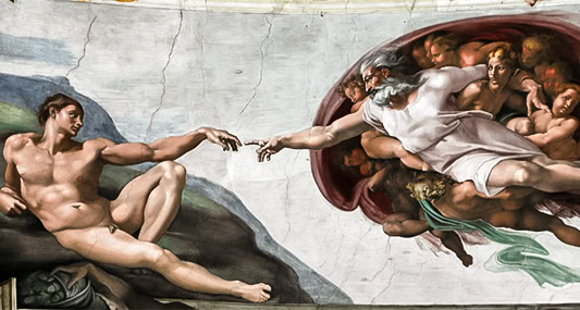 The Creation of Adam fresco by Michelangelo on the ceiling of the Sistine Chapel, showing God reaching out to Adam.
