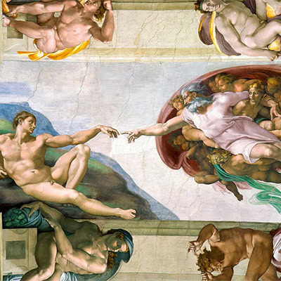 The Creation of Adam fresco by Michelangelo on the ceiling of the Sistine Chapel. Often asked: Can you take pictures in the Sistine Chapel?