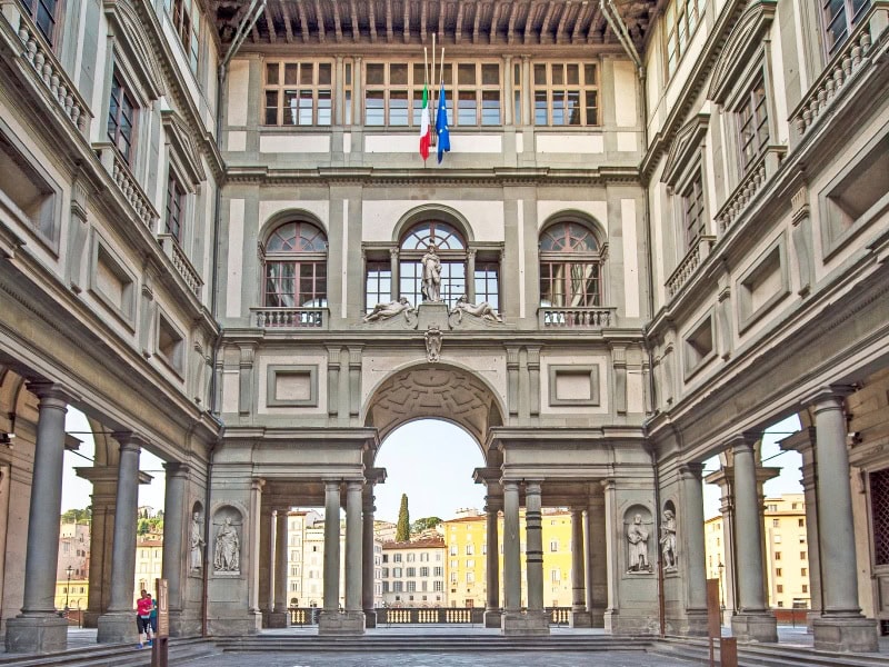 Exterior view of the Uffizi Gallery in Florence, showcasing its iconic Renaissance architecture and historical significance as one of the world's most famous art museums.