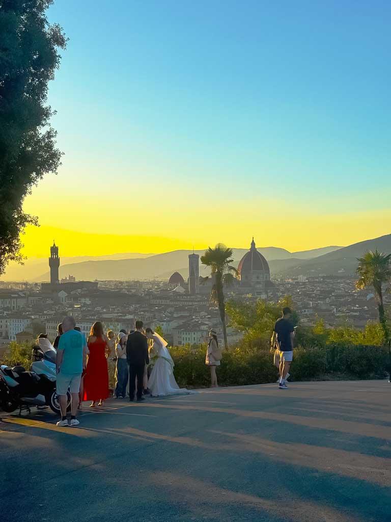 Sunset view of Florence from Piazzale Michelangelo with the Duomo and Palazzo Vecchio in the background