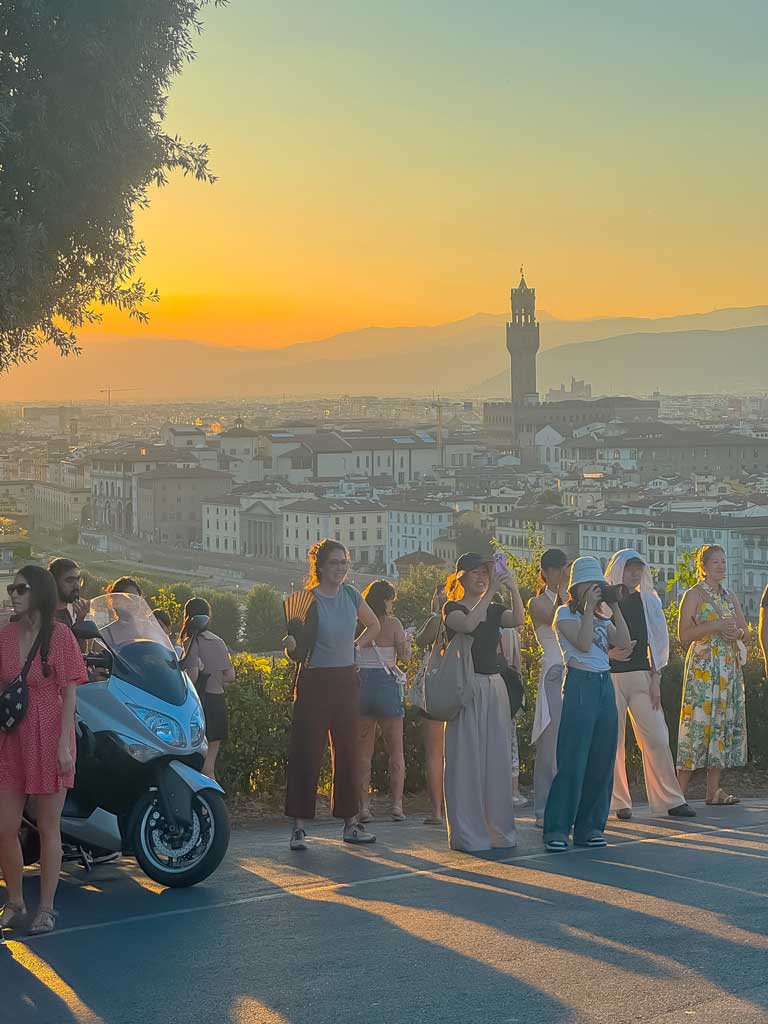 Sunset view of Florence from Piazzale Michelangelo with the Duomo and Palazzo Vecchio in the background