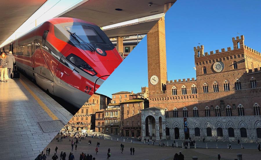 High-speed train at Florence station and Piazza del Campo in Siena, showcasing a Siena day trip from Florence by train
