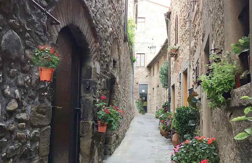 Narrow stone alleyway with flower pots in the medieval village of Anghiari, Tuscany, Italy