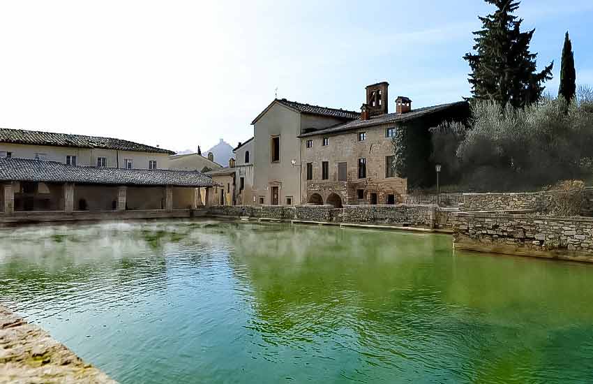 Historic thermal pool in the main square of Bagno Vignoni, Tuscany, Italy
