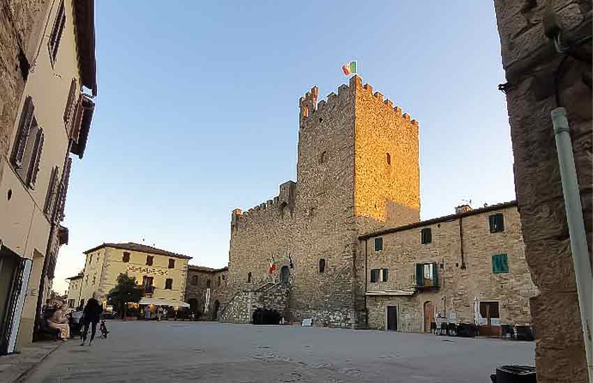 Medieval fortress Rocca di Castellina in Chianti at sunset in Tuscany, Italy