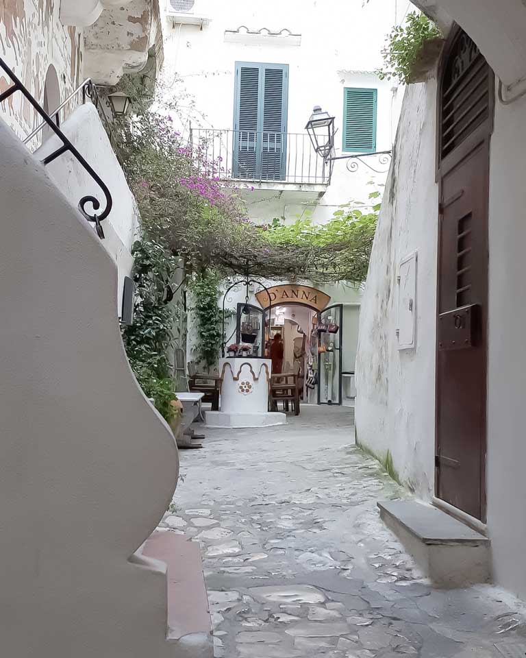 Historic whitewashed alley with flowers in Sperlonga, Italy
