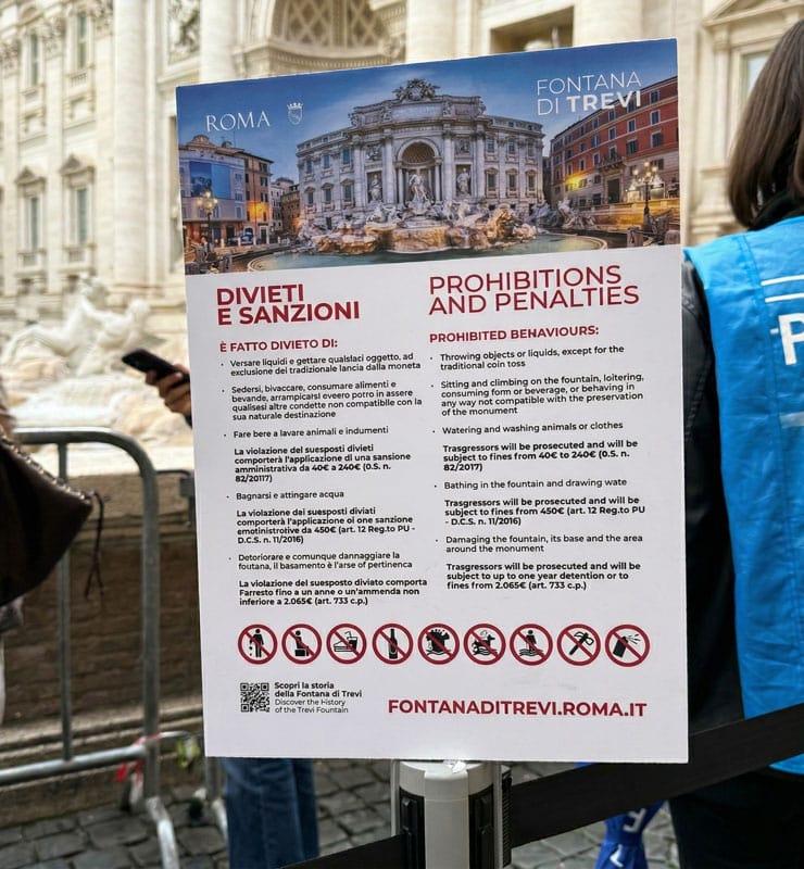 Trevi Fountain rules and entry fee sign Rome 2026