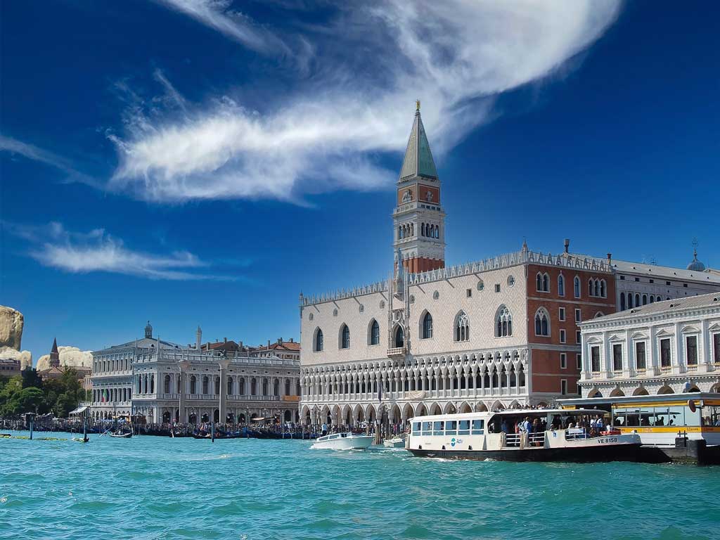 Doge’s Palace and St. Mark’s Campanile seen from the Grand Canal in Venice