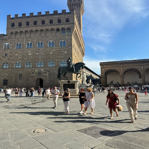 View of Palazzo Vecchio and Piazza della Signoria in Florence with the equestrian statue of Cosimo I de’ Medici and the Loggia dei Lanzi