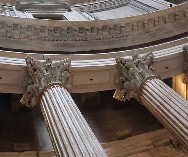 Interior of the Pantheon in Rome with Corinthian columns and decorative frieze
